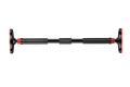 Adjustable doorway pull up bar in black and red with textured grips and logo plate for home fitness workouts
