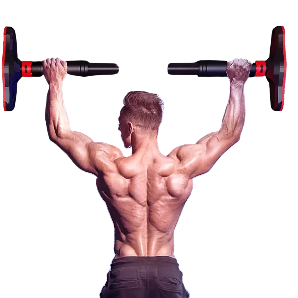 Adjustable doorway pull up bar in black and red with textured grip ends for home fitness workouts