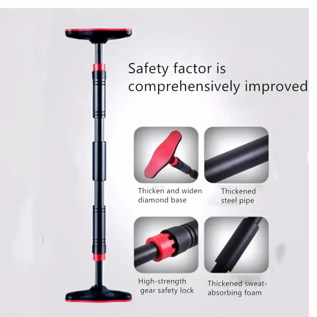 Adjustable doorway pull up bar with black and red telescopic car jack design, thickened steel pipe, diamond base, and safety lock