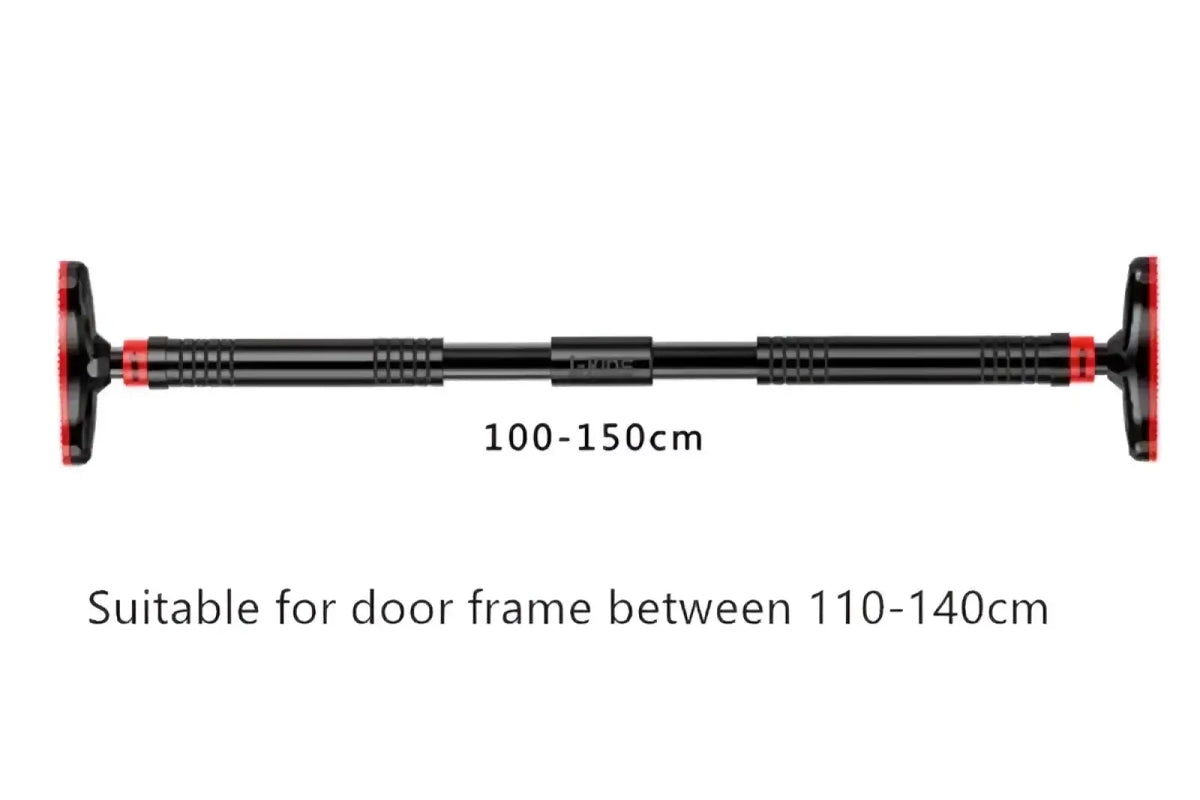 Adjustable black and red doorway pull up bar with textured grip sections for home workout use