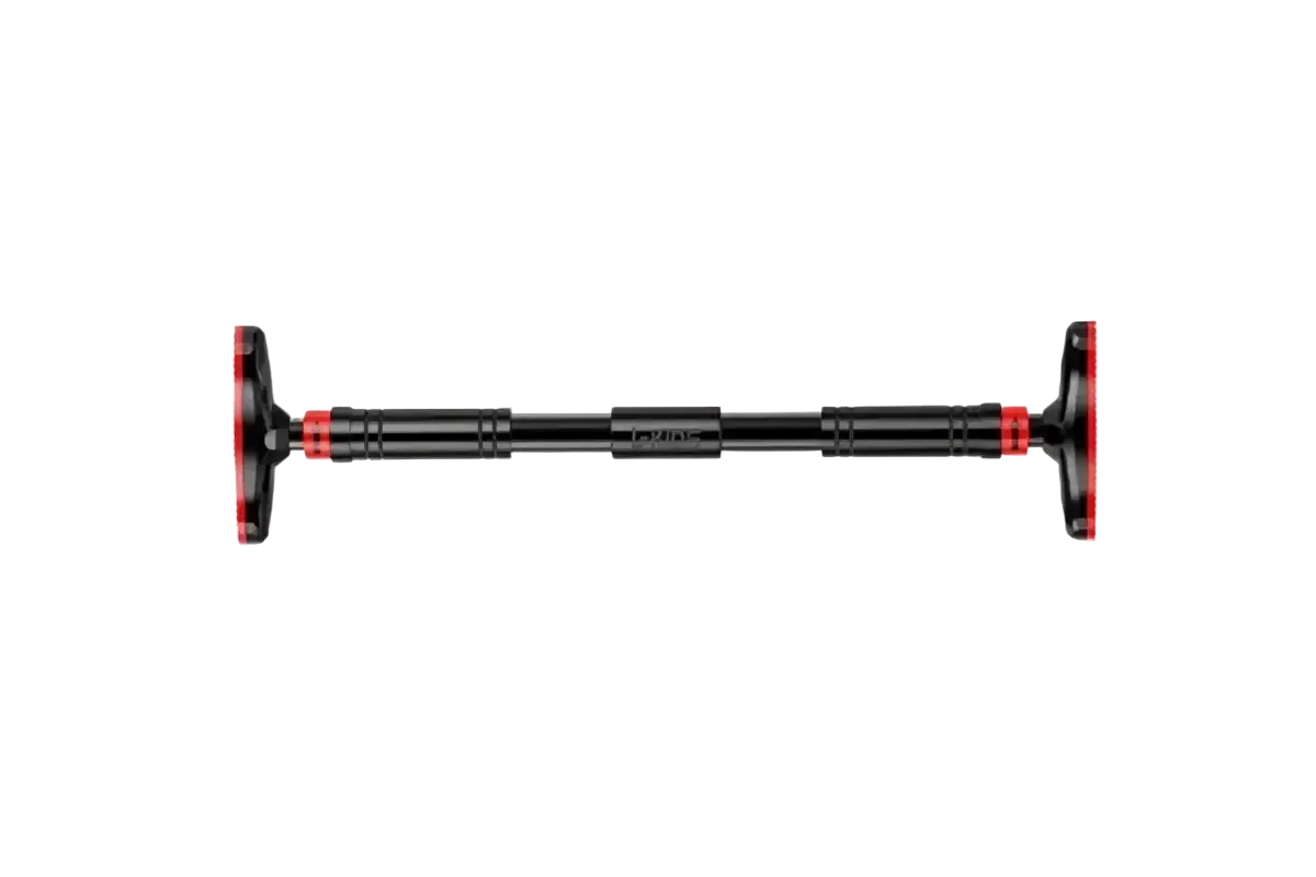 Adjustable doorway pull up bar in black and red with telescopic design for home workout door frame use