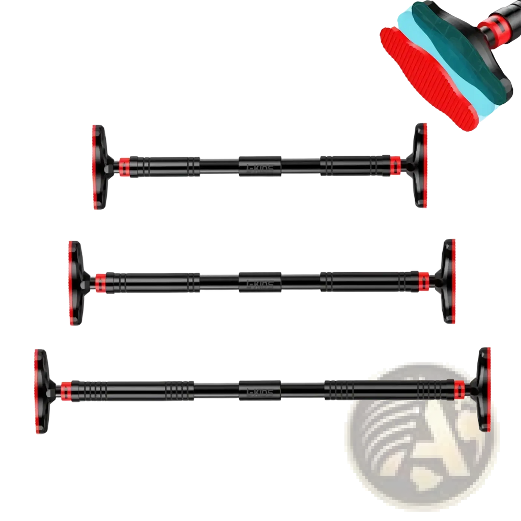 Adjustable doorway pull up bar in black and red with textured grips and multiple height settings for home workouts