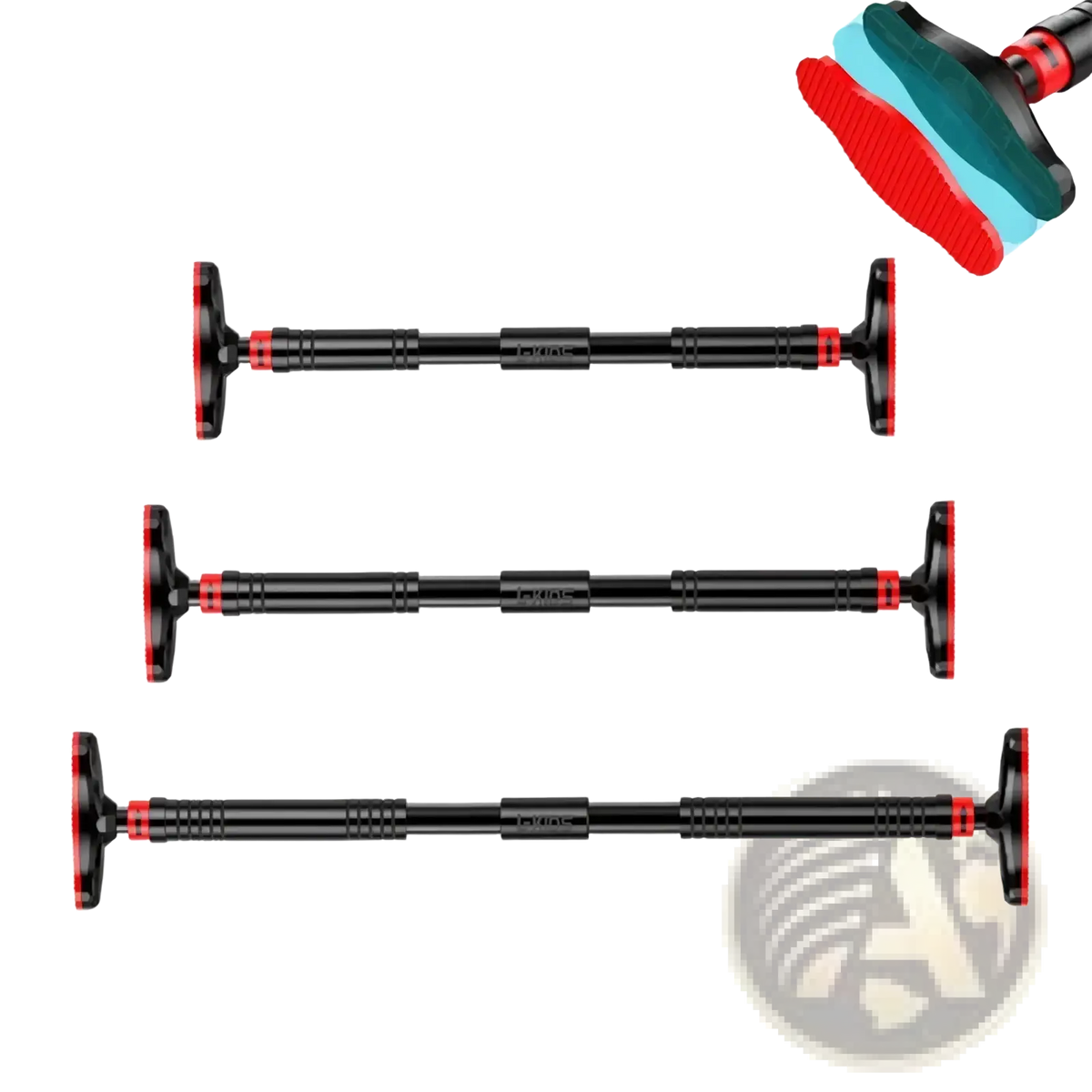 Adjustable doorway pull up bar in black and red with textured grips and multiple height settings for home workouts