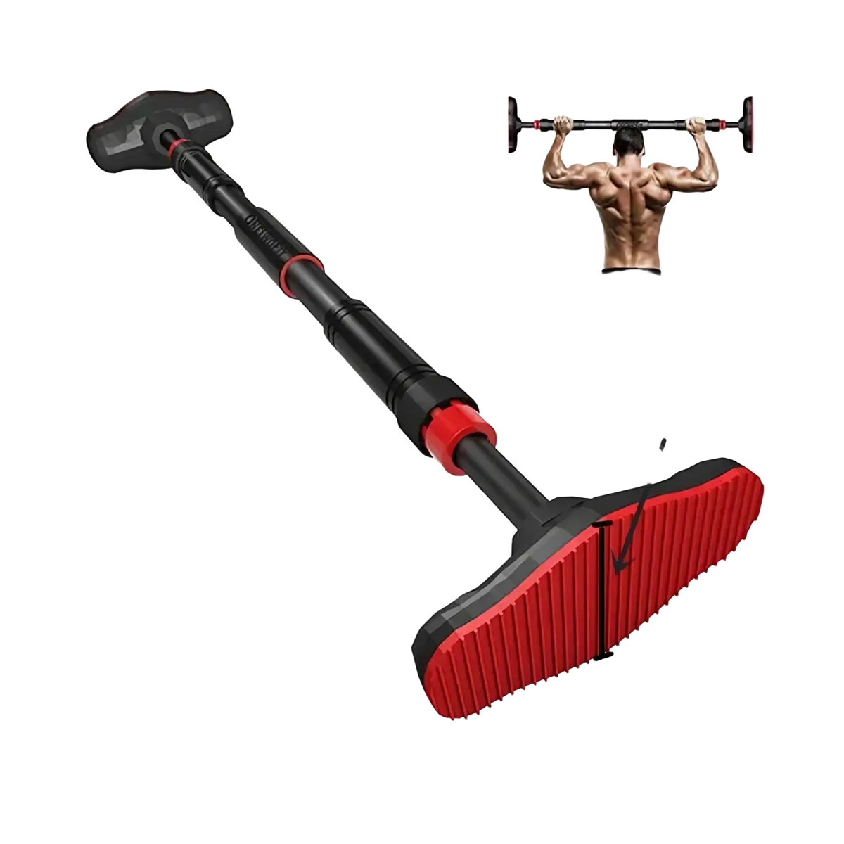Adjustable black and red doorway pull up bar with textured grip ends for home workout and strength training
