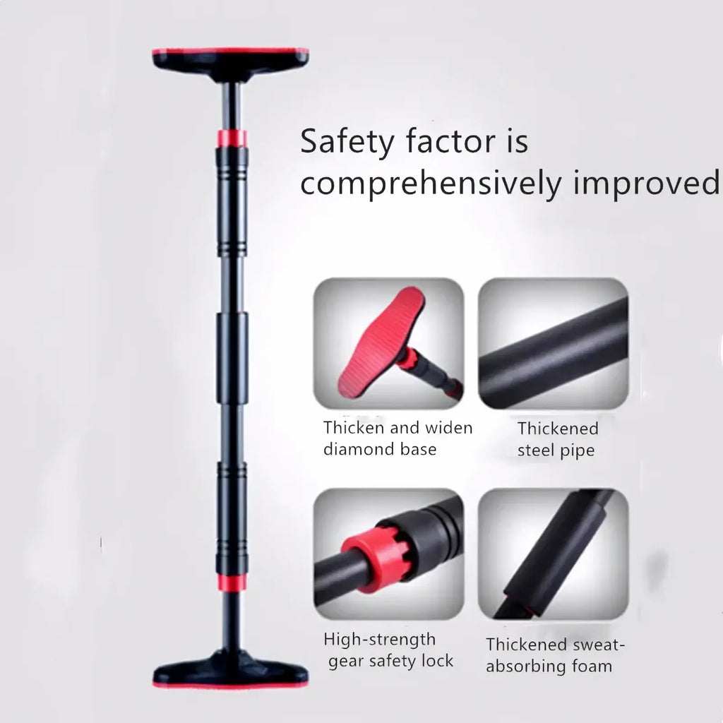 Adjustable doorway pull up bar in black and red with thickened steel pipe diamond base and sweat-absorbing foam for home workout