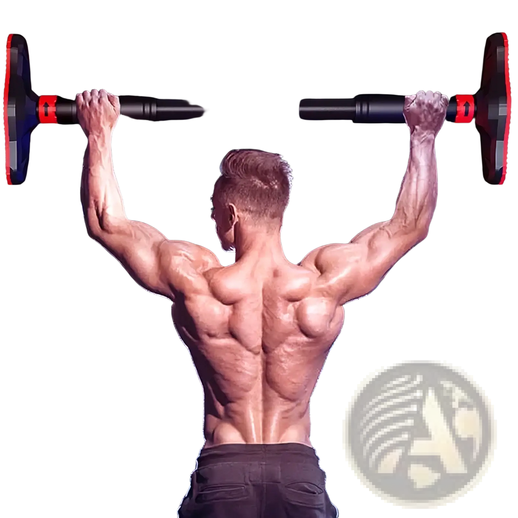 Adjustable doorway pull up bar in black and red with textured grips designed for home workout use