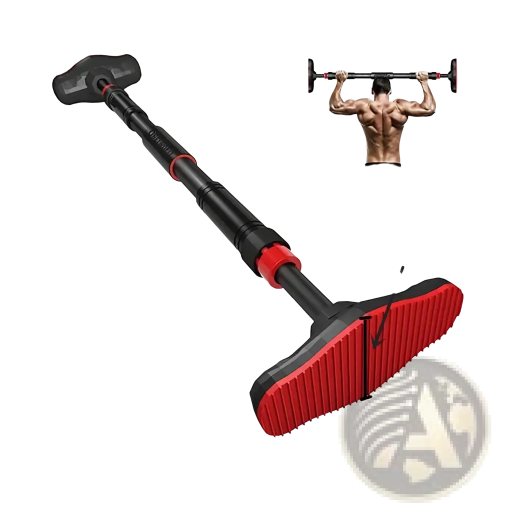 Adjustable black and red doorway pull up bar with textured grip ends for home workout and strength training