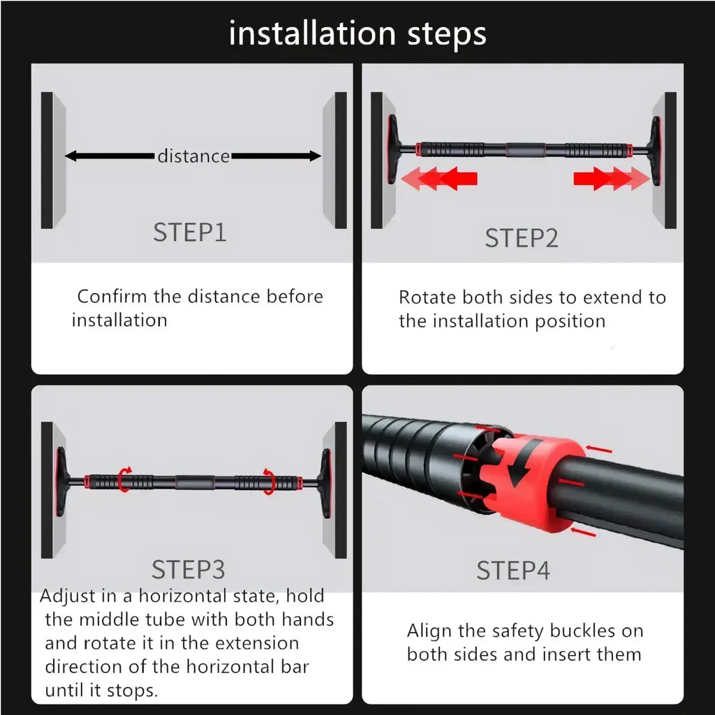 Adjustable doorway pull up bar in black and red with safety buckles and horizontal design for home gym installation