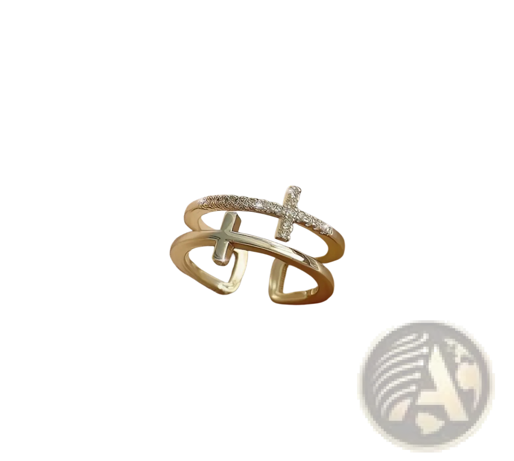 Adjustable double cross silver ring with gold-toned open design and zircon stones embedded along the band
