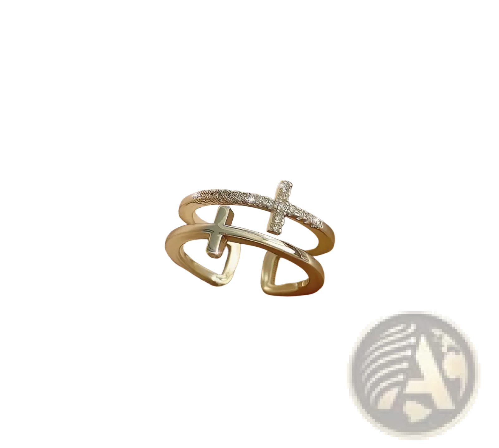 Adjustable double cross silver ring with gold-toned open design and zircon stones embedded along the band