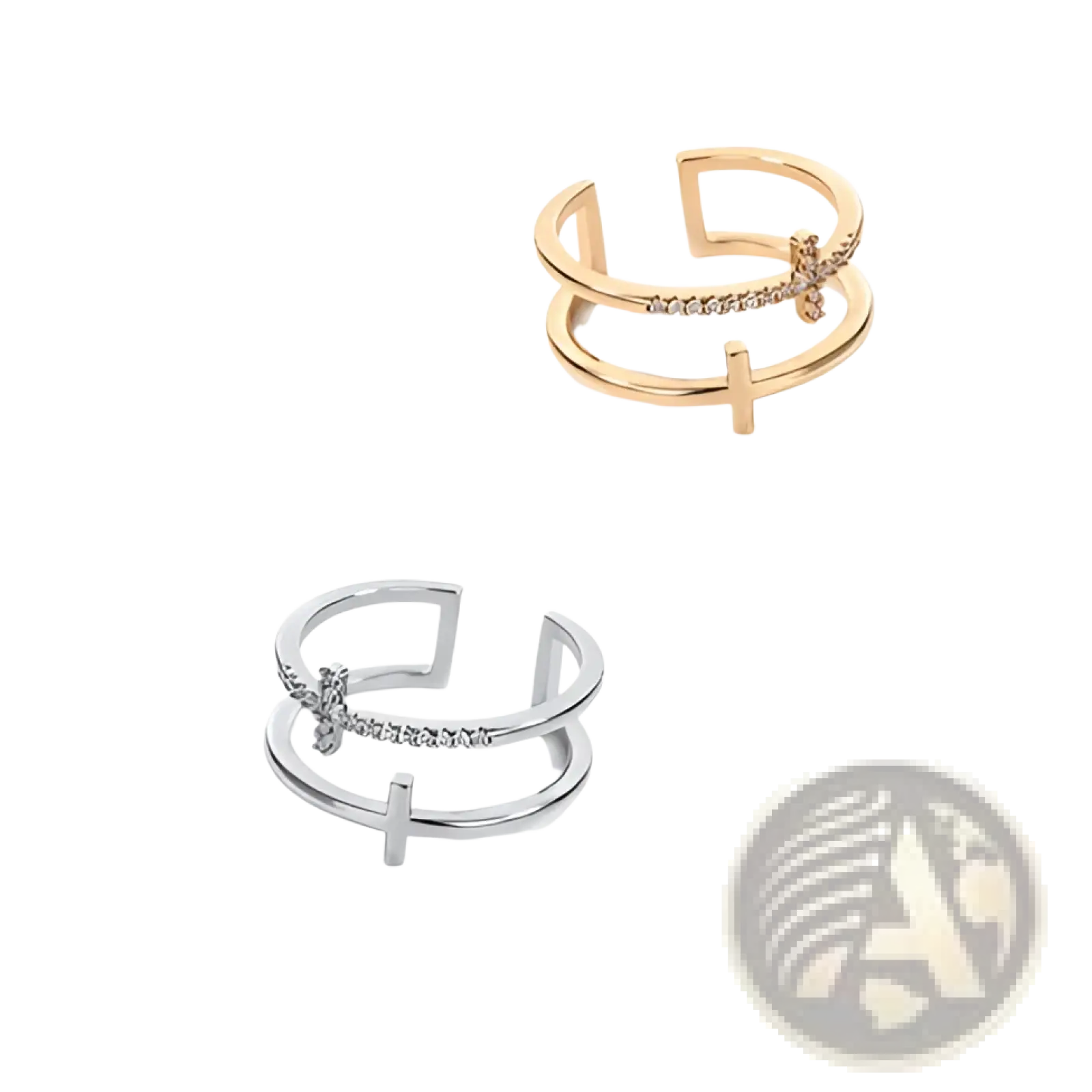 Adjustable gold and silver double cross rings with zircon inlaid small diamonds in silver for elegant wear