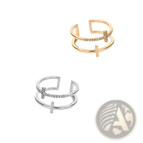 Adjustable gold and silver double cross rings with zircon inlaid small diamonds in silver for elegant wear