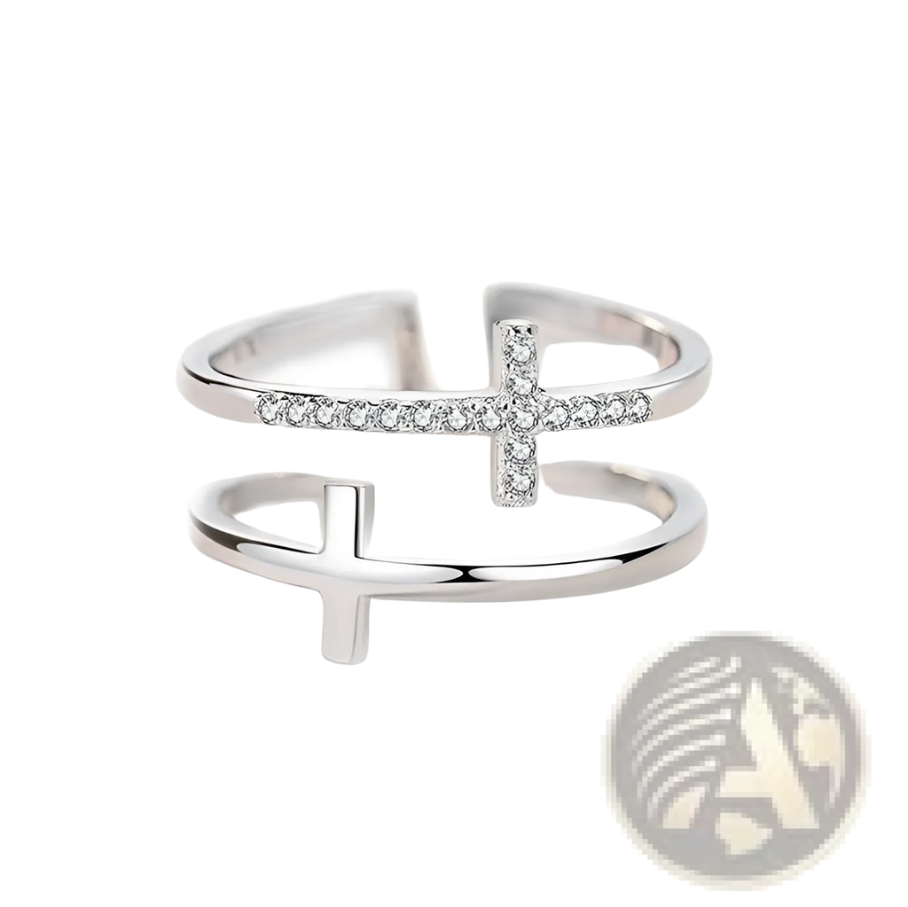 Adjustable double cross silver ring with pave-set zircon diamonds on upper band and minimalist lower band