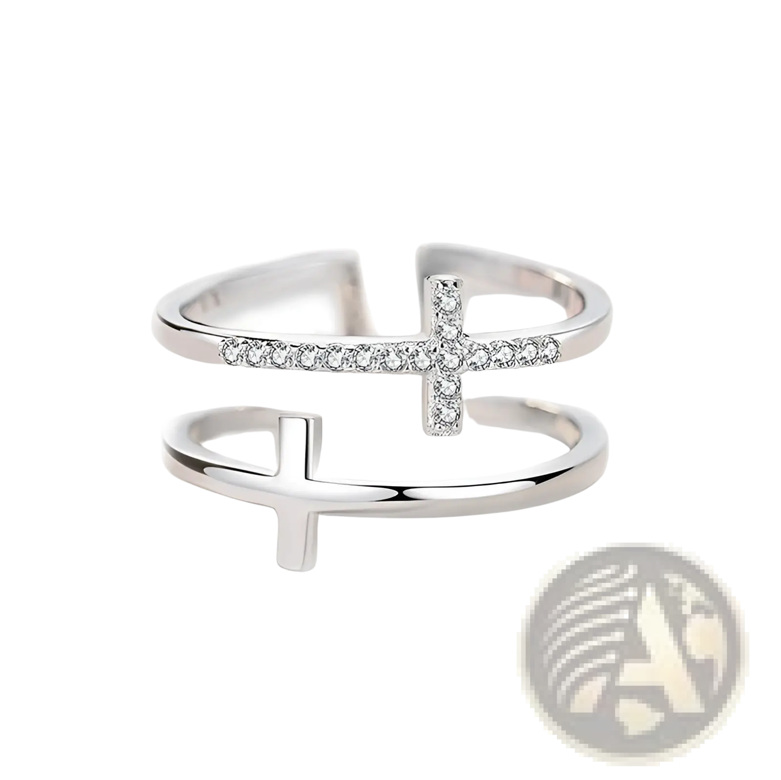 Adjustable double cross silver ring with pave-set zircon diamonds on upper band and minimalist lower band