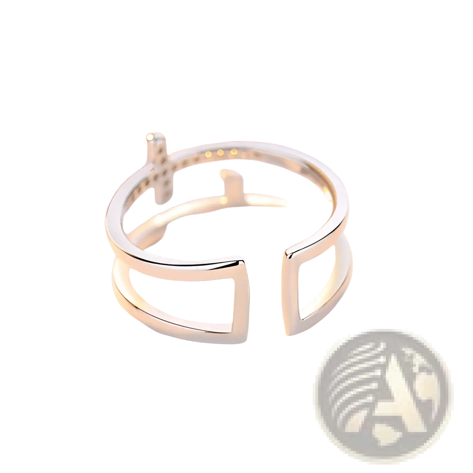 Adjustable silver open-ended ring with a minimalist double cross design and zircon inlaid stones