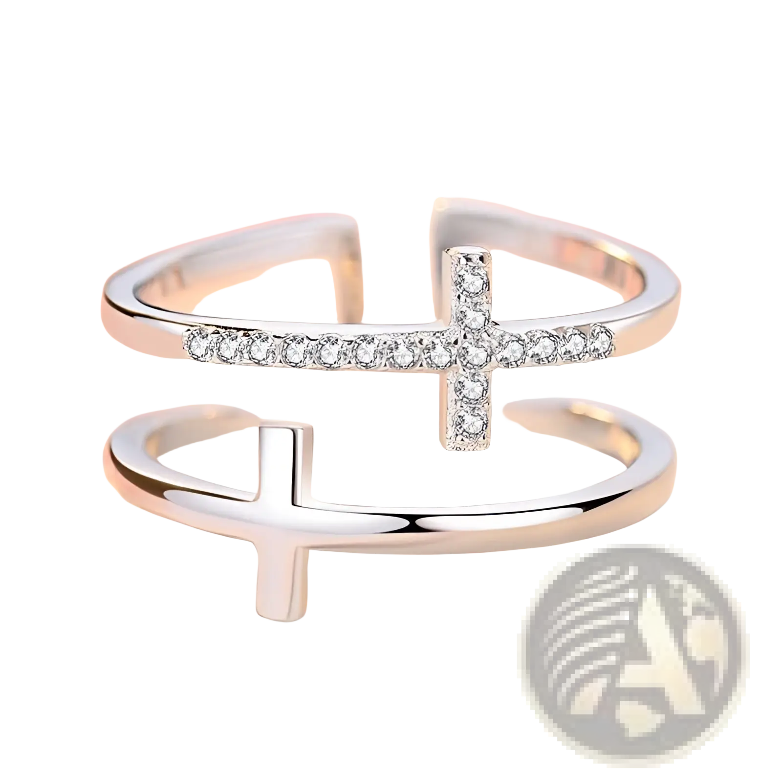 Adjustable double cross silver ring with pave diamond design and an adjustable band in silver tone