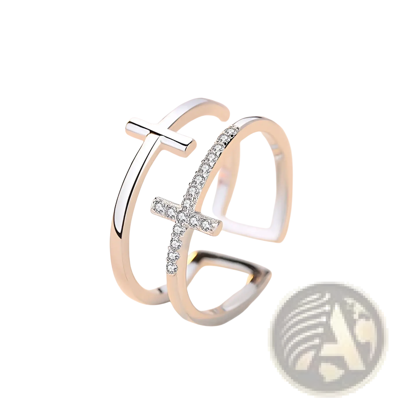 Adjustable double cross silver ring featuring a pave diamond band with an open design and zircon inlays