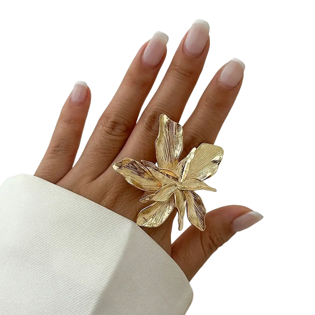Adjustable double layer flower ring in gold tone with intricate petal details worn on a finger