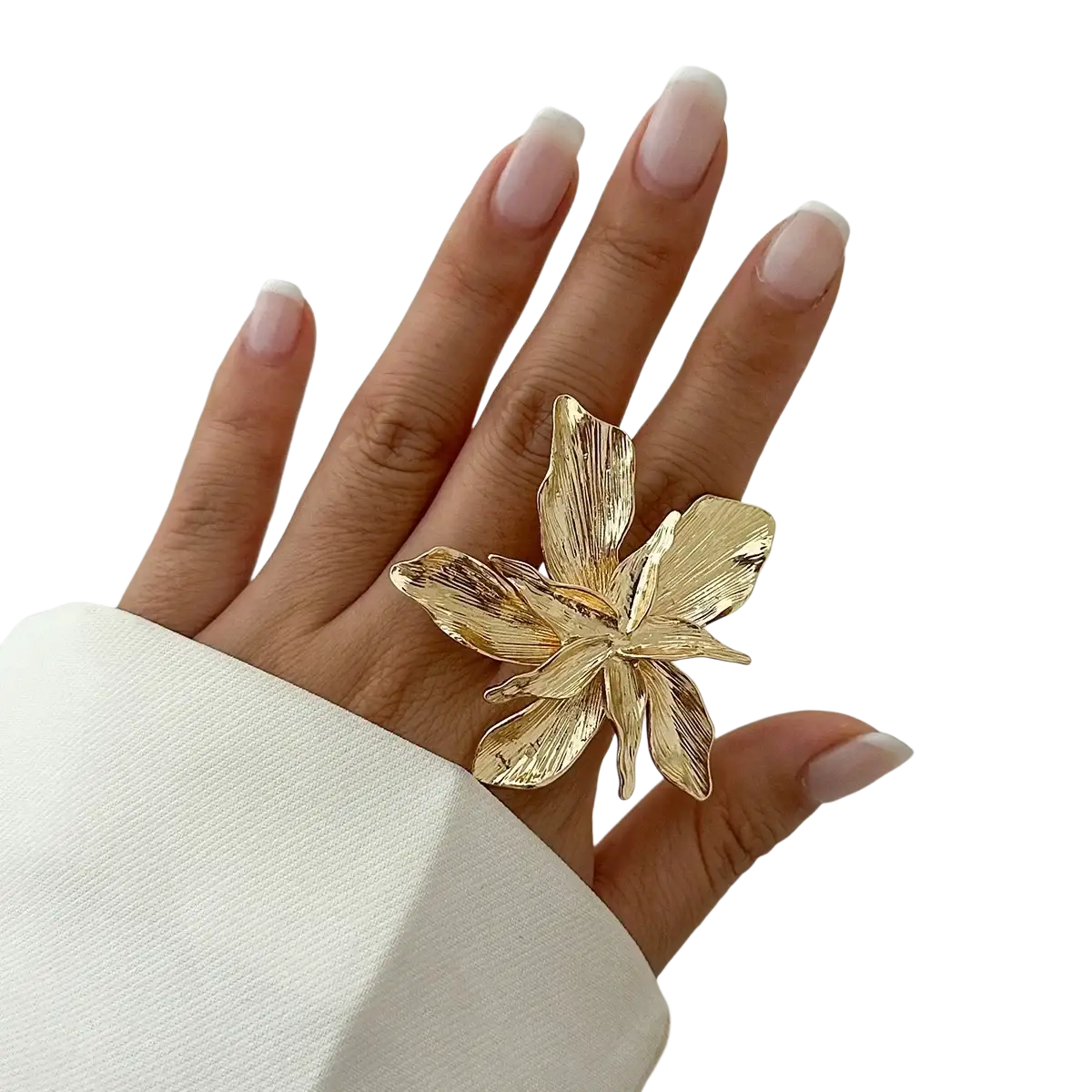 Adjustable double layer flower ring in gold tone with intricate petal details worn on a finger