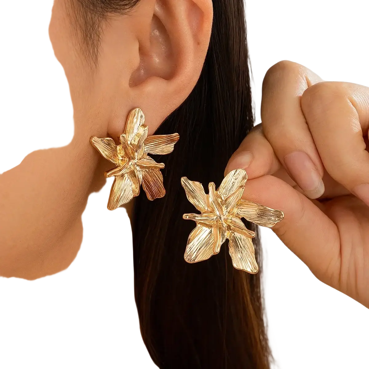 Gold-toned flower-shaped stud earrings with intricate textured double layered petal design for elegant wear
