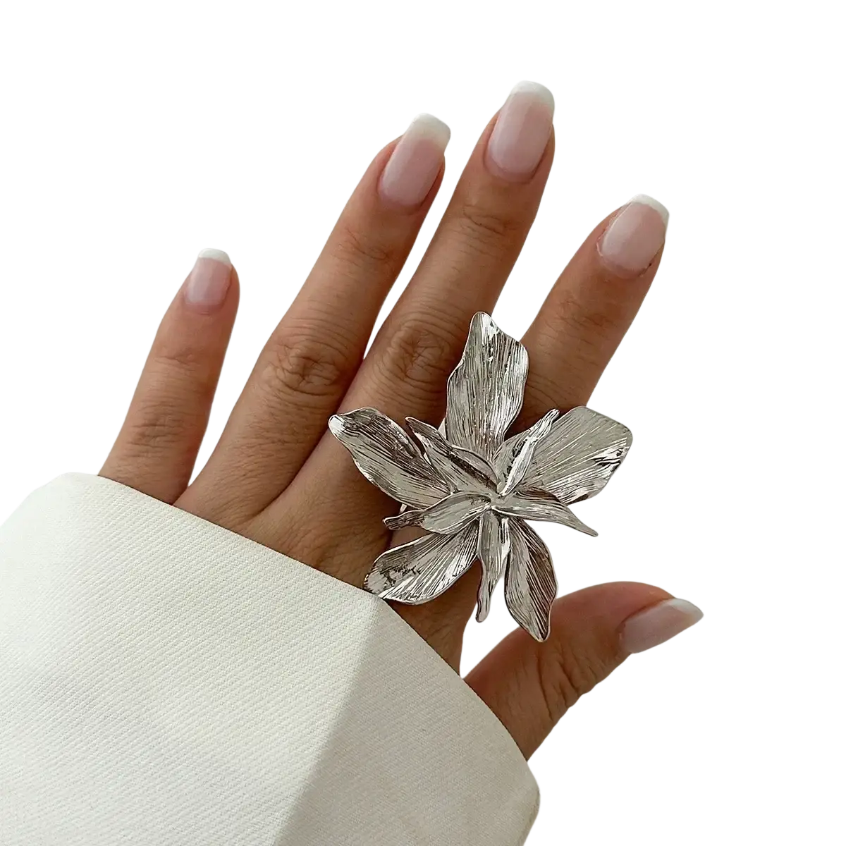 Adjustable double layer silver flower ring with detailed petal design made of sterling silver for elegant wear
