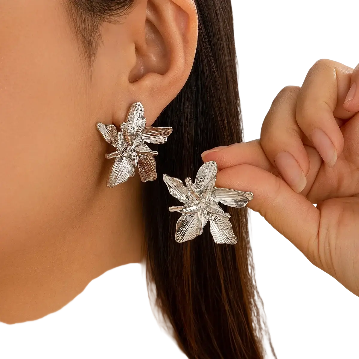 Silver flower-shaped stud earrings with textured petals and a delicate metallic finish from adjustable double layer flower ring collection