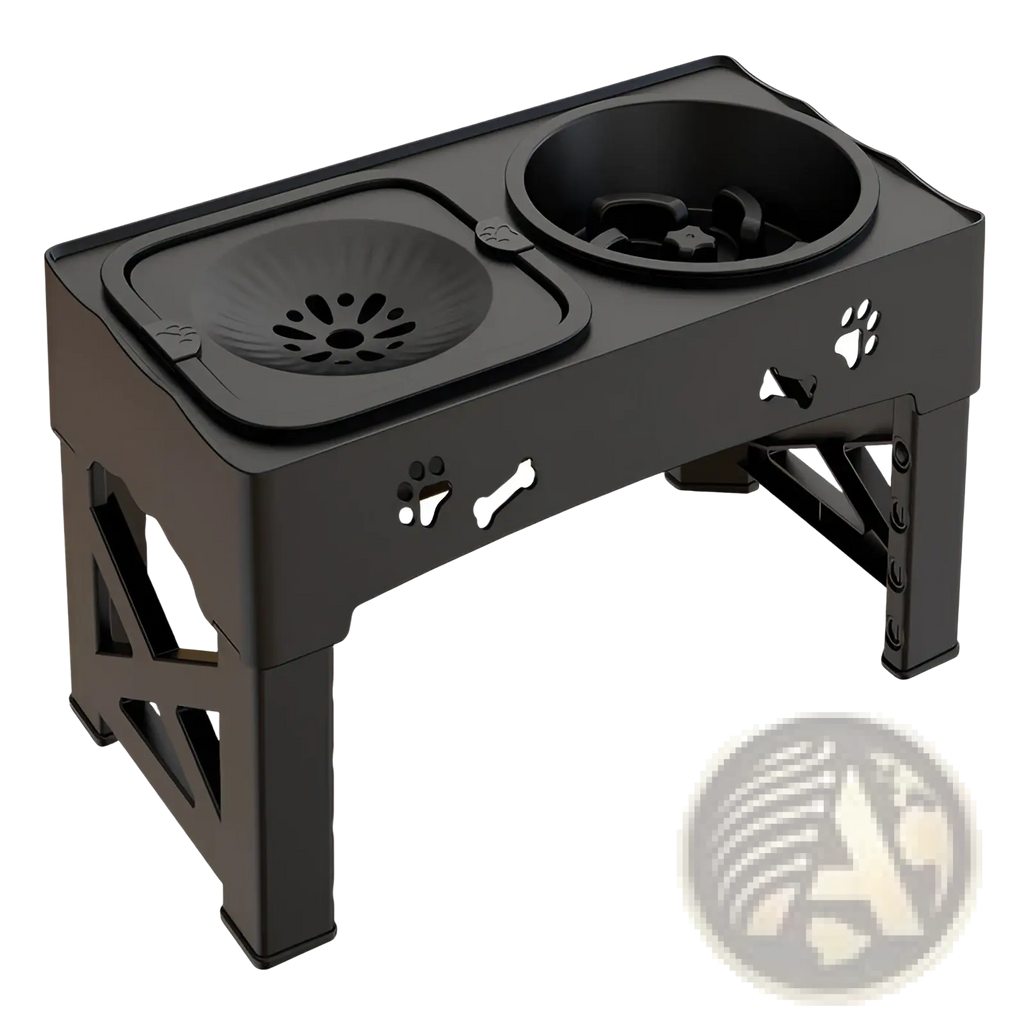 Black plastic adjustable double pet feeder bowl with two compartments and paw print and bone cutouts on the sides