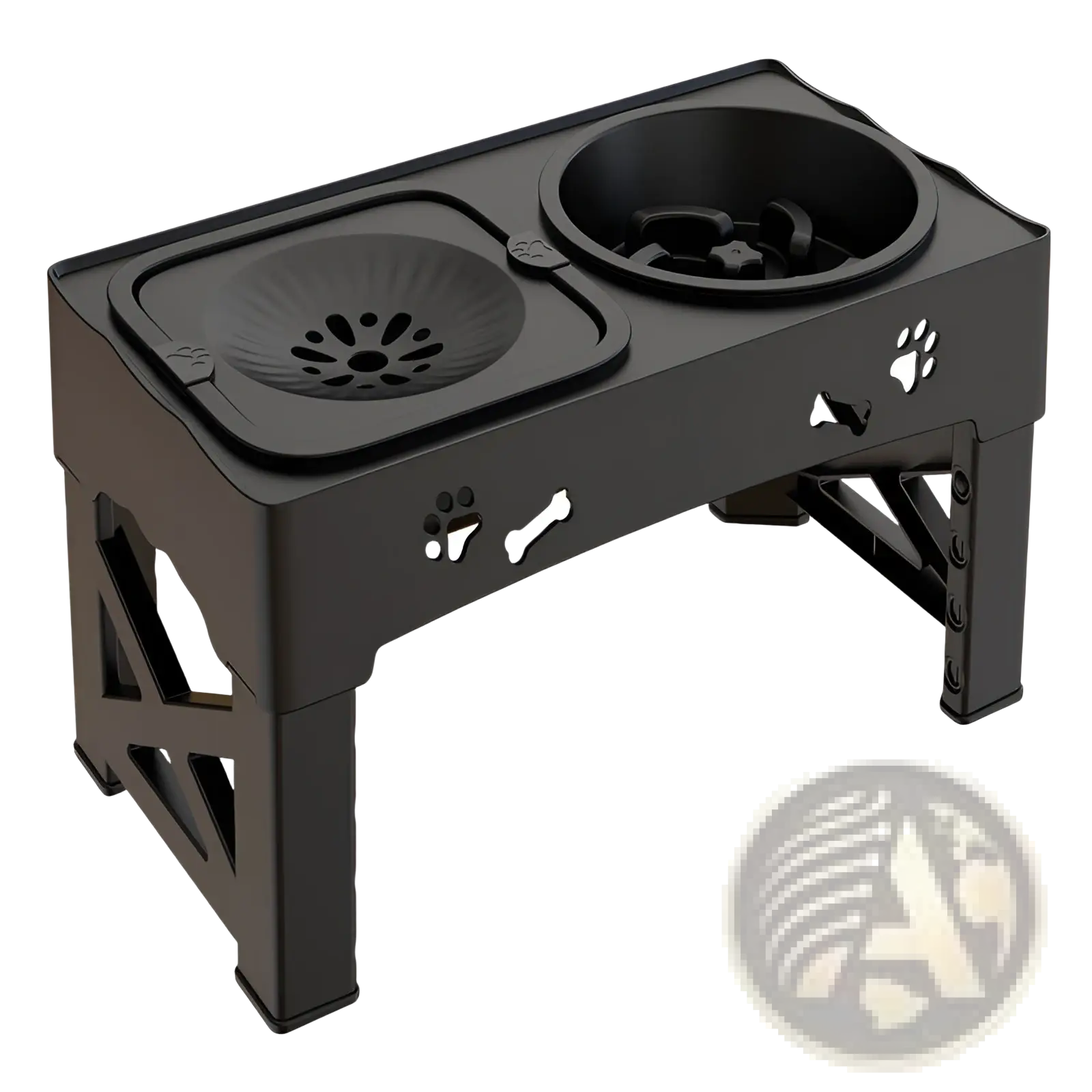 Black plastic adjustable double pet feeder bowl with two compartments and paw print and bone cutouts on the sides