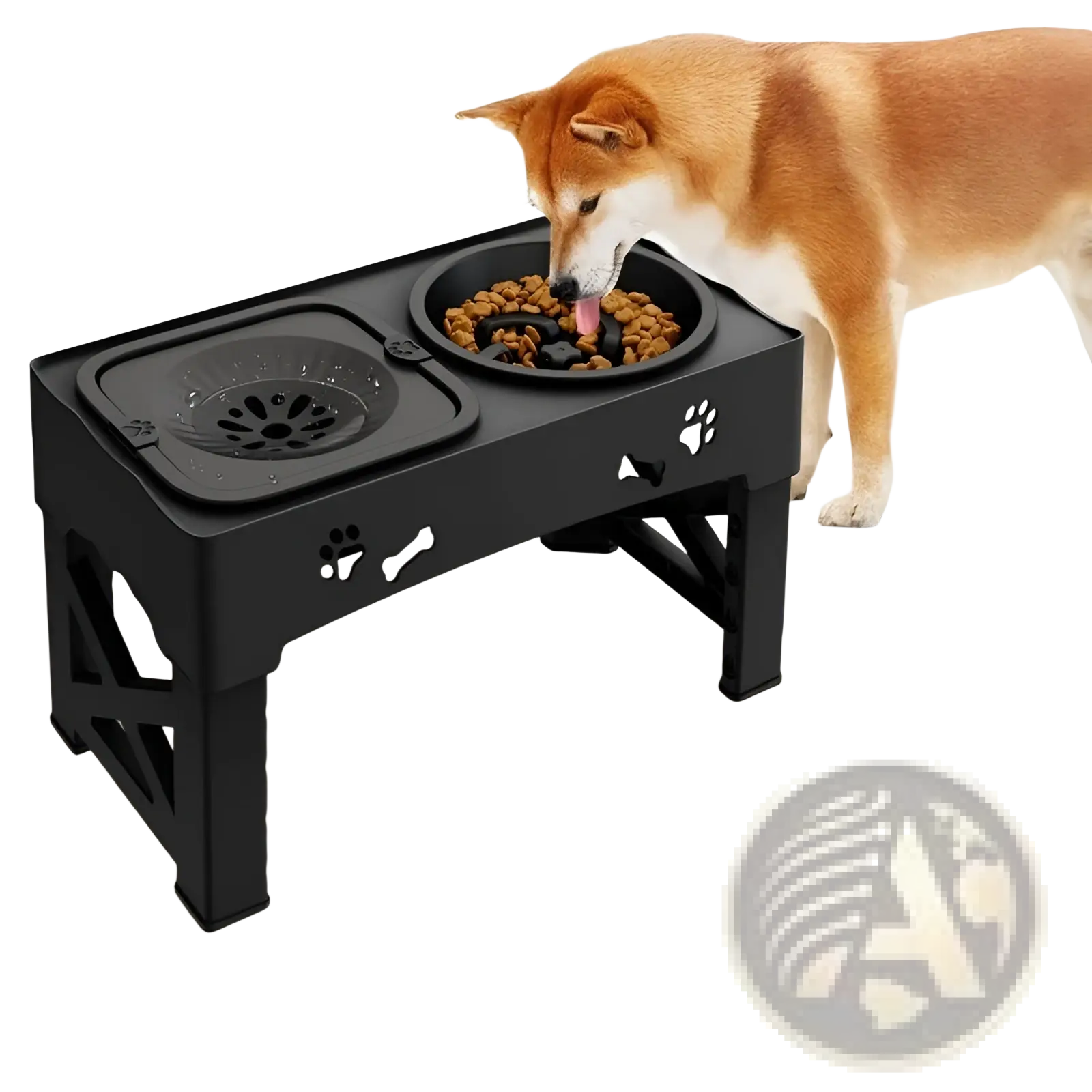 Black plastic adjustable double stainless steel pet feeder bowl with paw print and bone cutouts filled with kibble and water