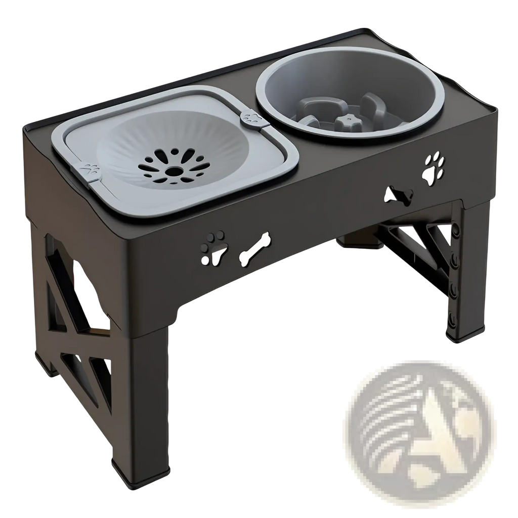 Adjustable double stainless steel pet feeder bowl with black plastic stand featuring gray square perforated water bowl and round puzzle bowl