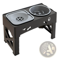 Adjustable double stainless steel pet feeder bowl with black plastic stand featuring gray square perforated water bowl and round puzzle bowl