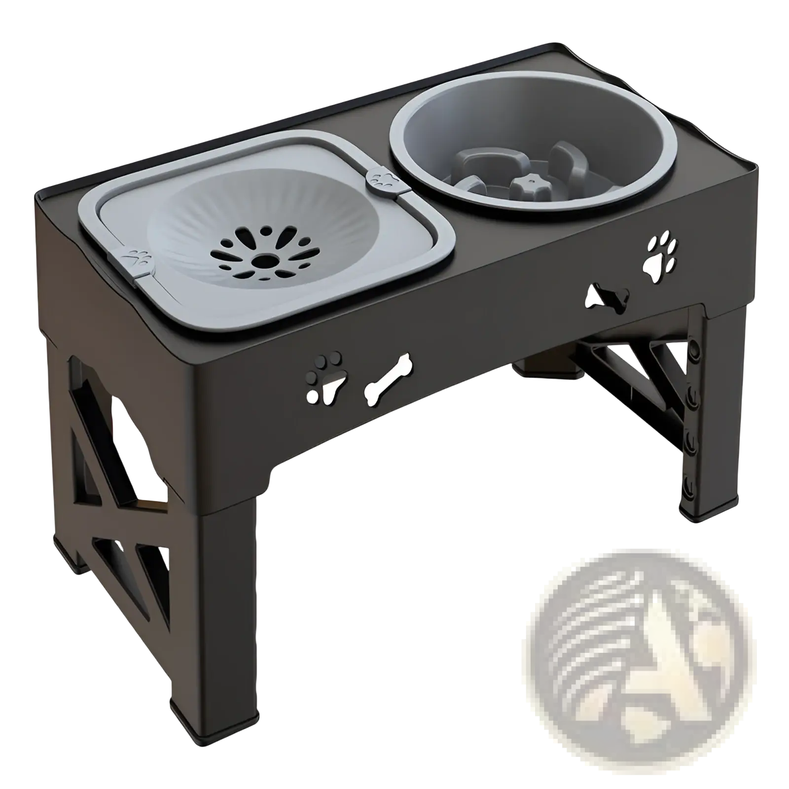 Adjustable double stainless steel pet feeder bowl with black plastic stand featuring gray square perforated water bowl and round puzzle bowl