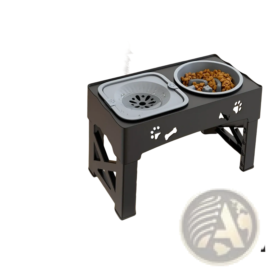 Adjustable double stainless steel pet feeder bowl in black with gray bowls and paw print and bone cutouts on the sides