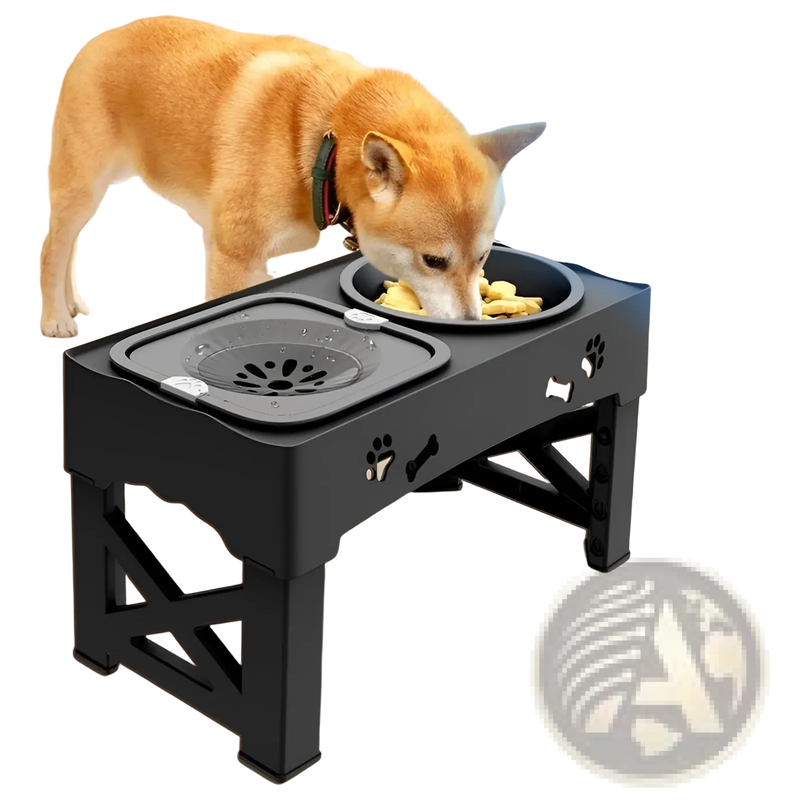 Adjustable double stainless steel pet feeder bowl with black plastic slow feeder raised bowl and paw print bone cutouts