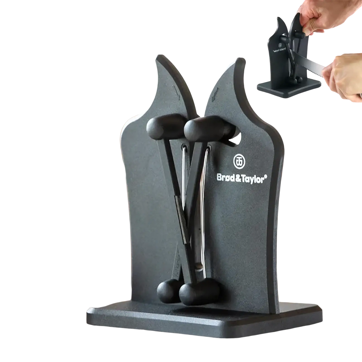 Black brad and taylor adjustable dual slot knife sharpener with sleek modern design and durable black finish