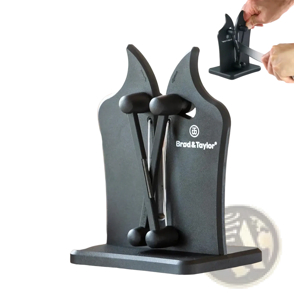 Black brad and taylor adjustable dual slot knife sharpener with sleek modern design and durable black finish