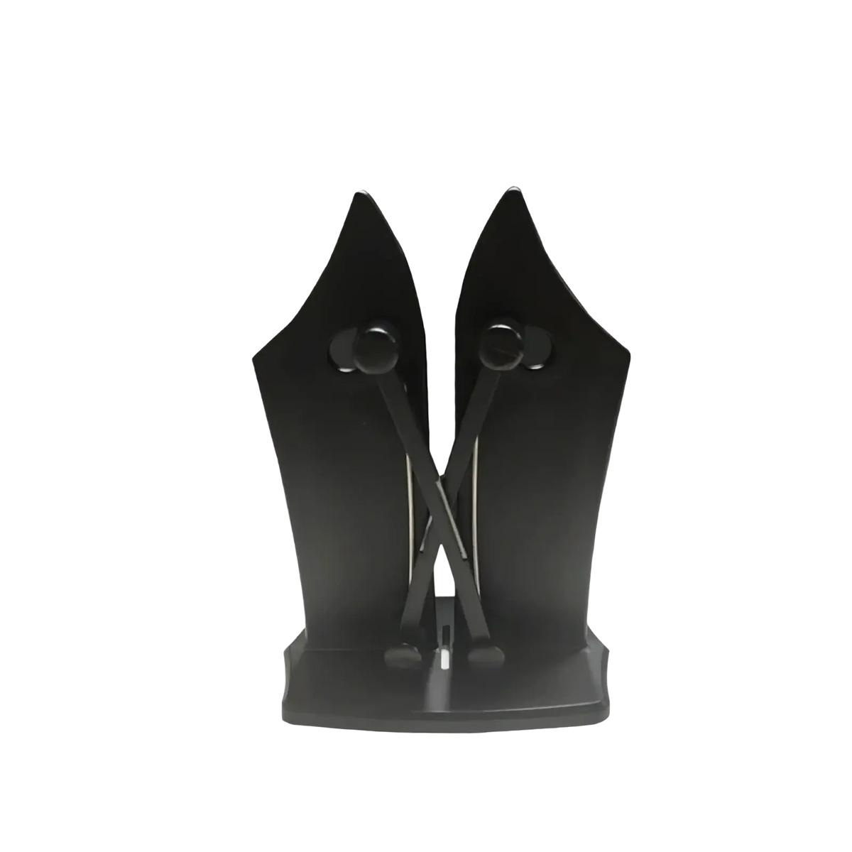 Adjustable dual slot knife sharpener in black metal with sleek v-shaped design and two adjustable arms for precise sharpening