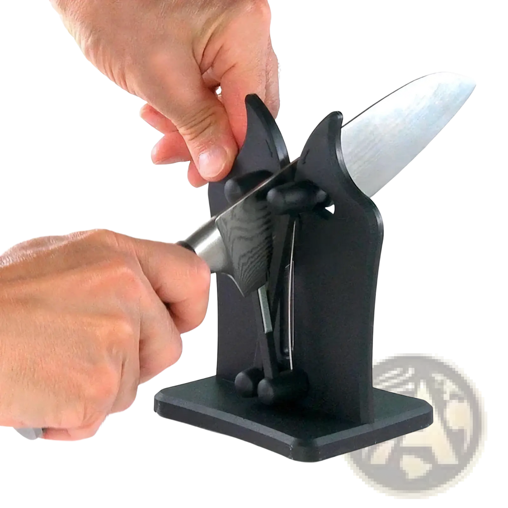 Black plastic adjustable dual slot knife sharpener with adjustable guide and dual-sided sharpening stones