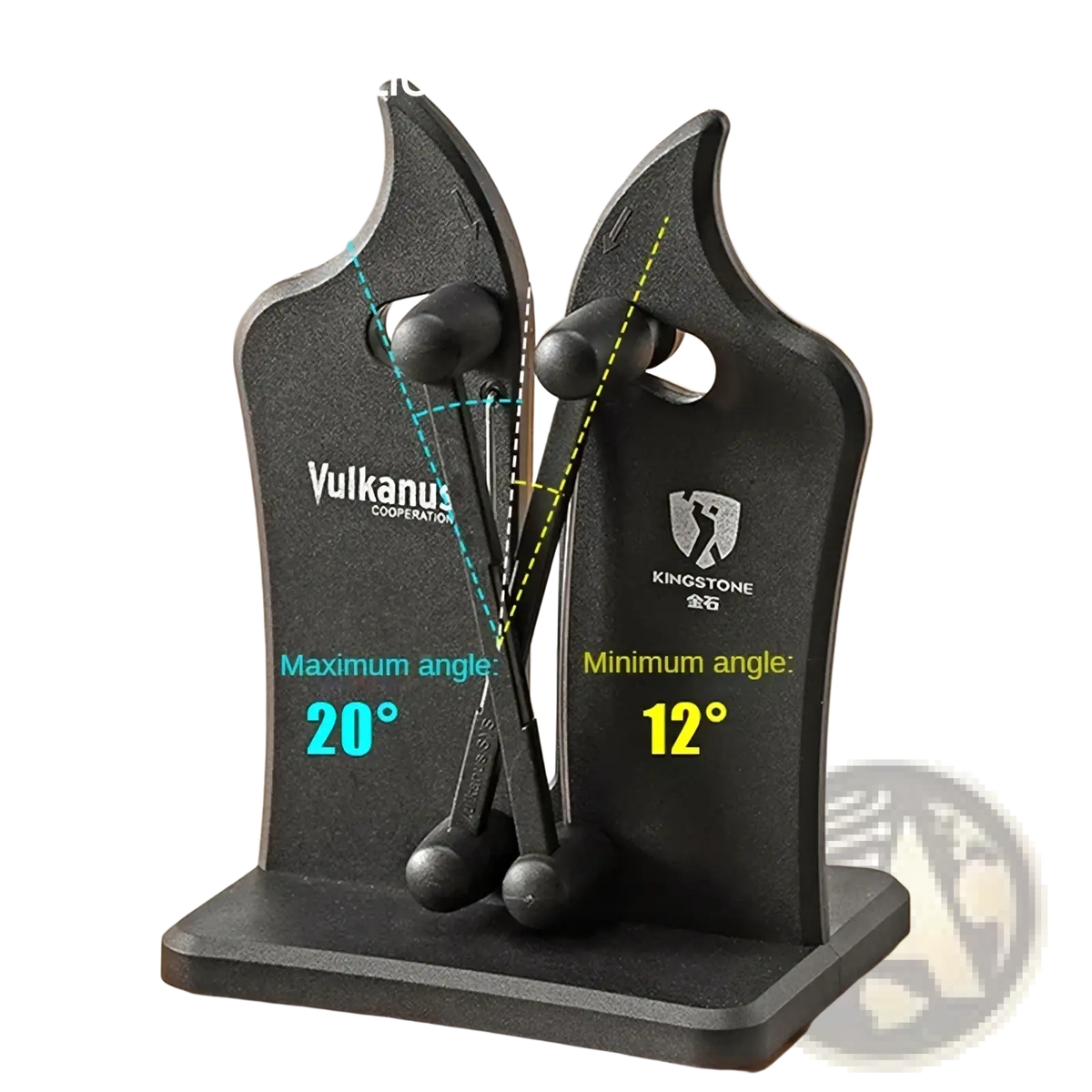Adjustable dual slot black vulcanus knife sharpener with ergonomic design and angle guides from 12° to 20° on sturdy base