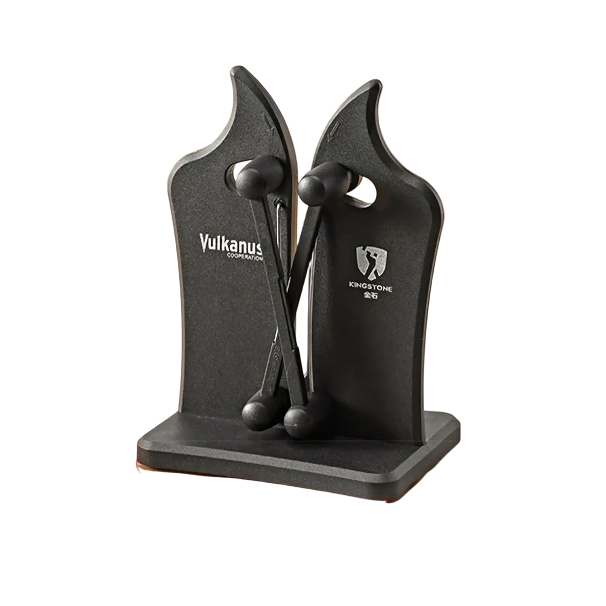 Adjustable dual slot knife sharpener with black vulcanus cooperation and kingstone branding matte finish