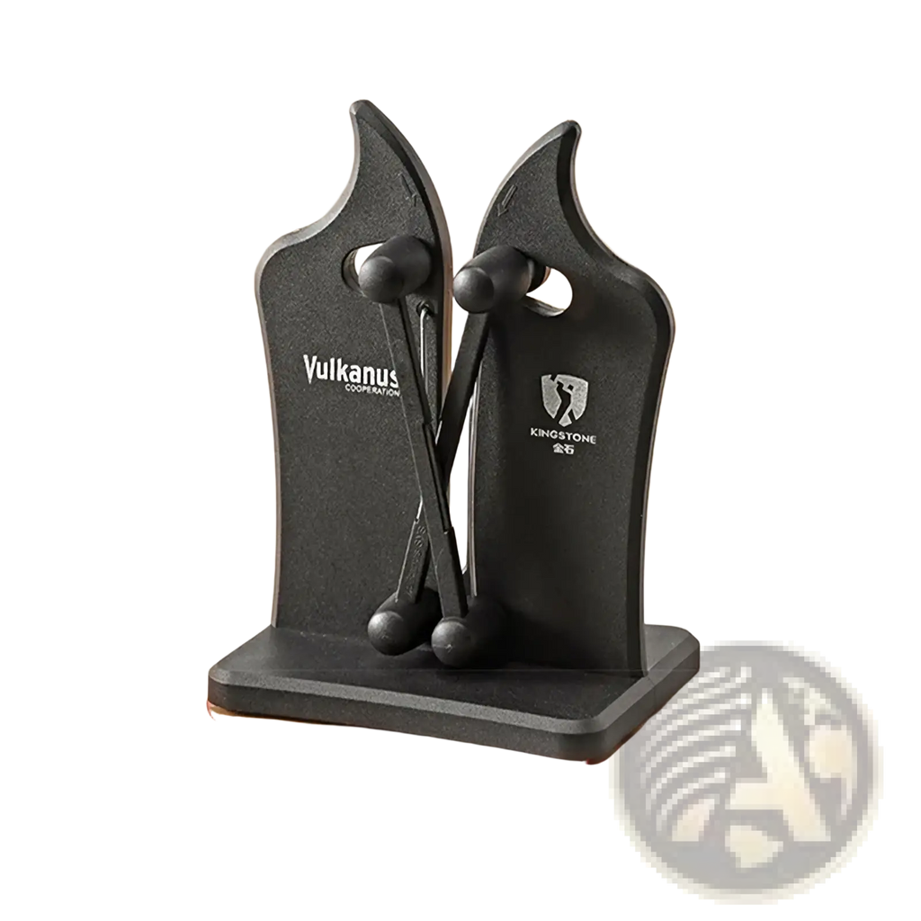 Adjustable dual slot knife sharpener with black vulcanus cooperation and kingstone branding matte finish
