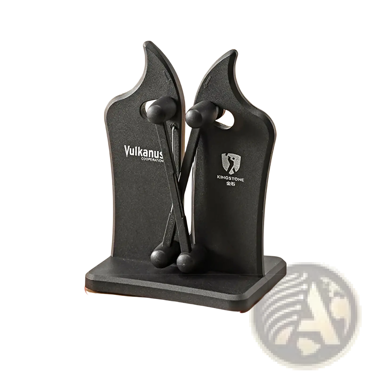 Adjustable dual slot knife sharpener with black vulcanus cooperation and kingstone branding matte finish