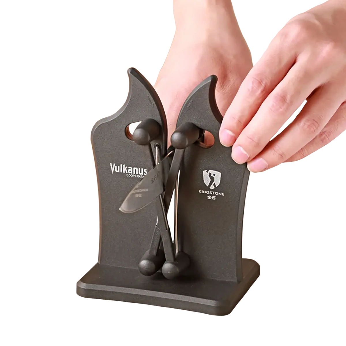 Adjustable dual slot knife sharpener in black by vulcanus and kingstone for precise sharpening of kitchen knives