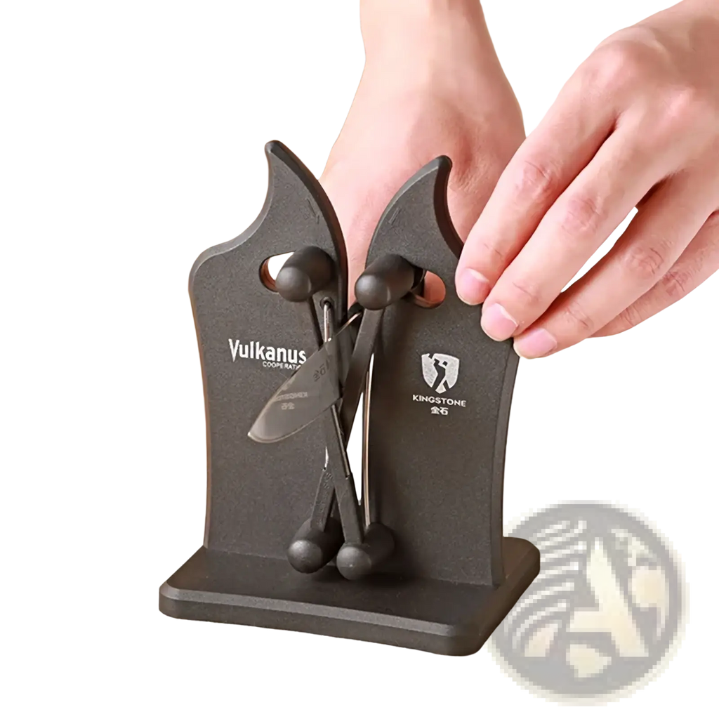 Adjustable dual slot knife sharpener in black by vulcanus and kingstone for precise sharpening of kitchen knives