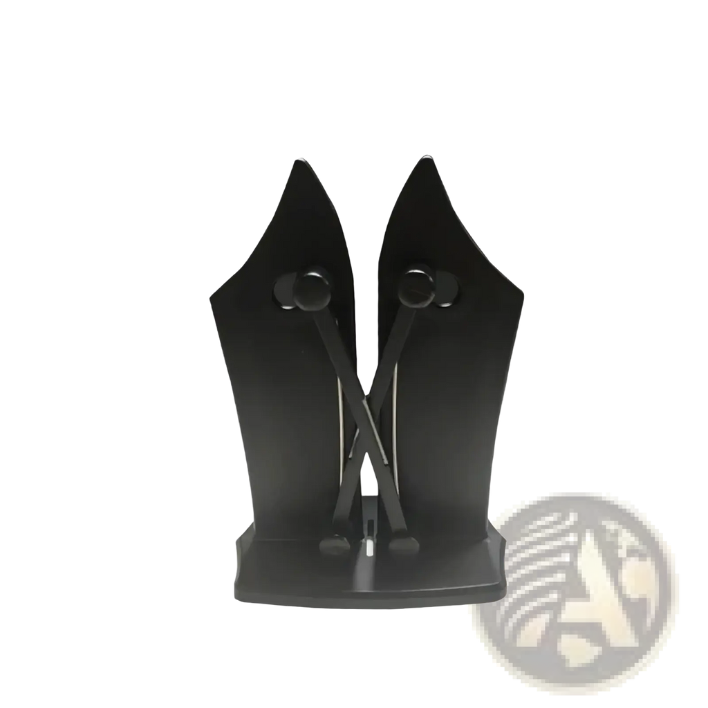 Adjustable dual slot knife sharpener in black metal with sleek v-shaped design and two adjustable arms for precise sharpening