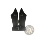 Adjustable dual slot knife sharpener in black metal with sleek v-shaped design and two adjustable arms for precise sharpening