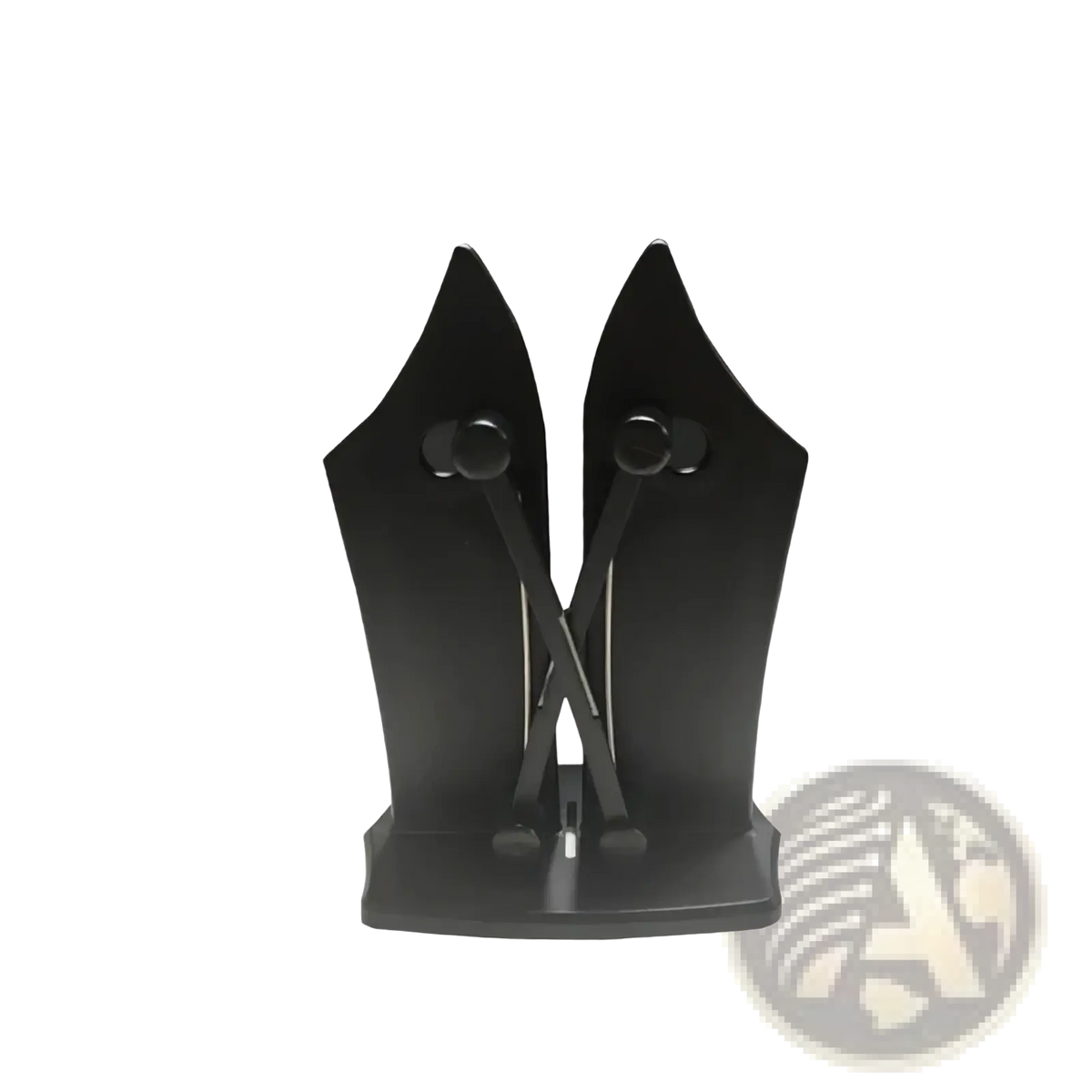 Adjustable dual slot knife sharpener in black metal with sleek v-shaped design and two adjustable arms for precise sharpening