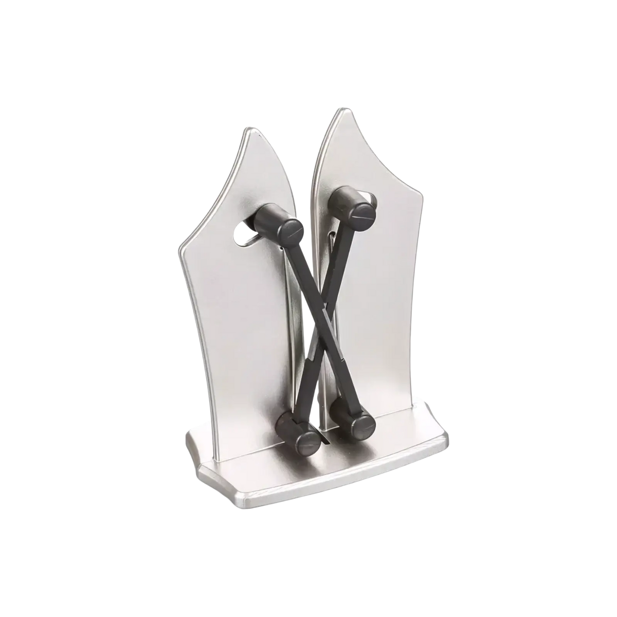Adjustable dual slot knife sharpener with silver metallic body and black cross-shaped adjustment arms in sleek design