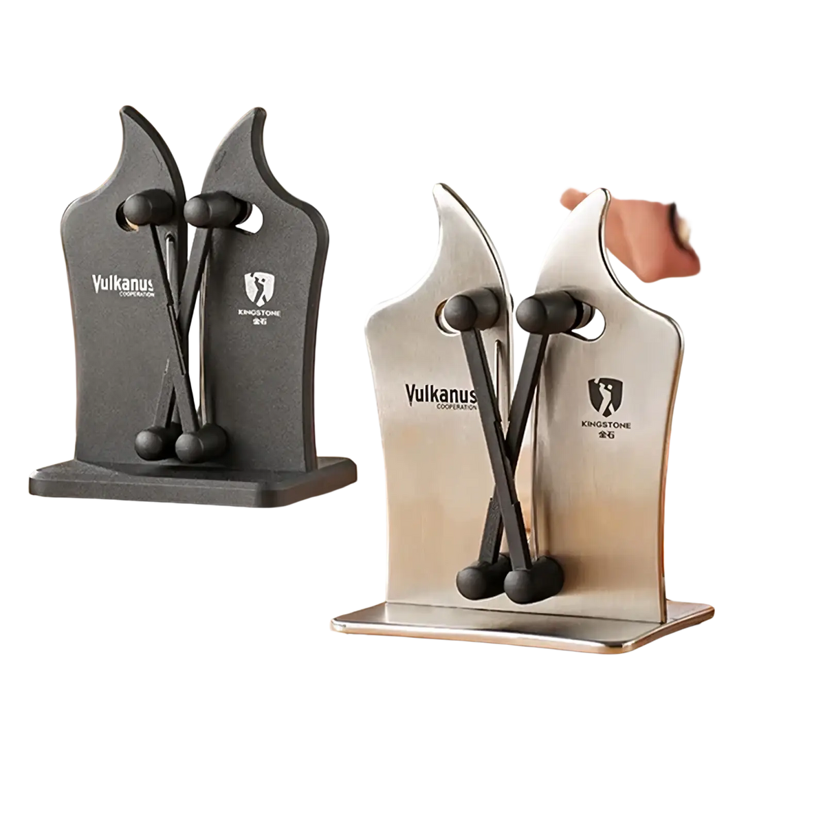 Adjustable dual slot knife sharpener with stainless steel body and black rubberized handles in a sleek modern design