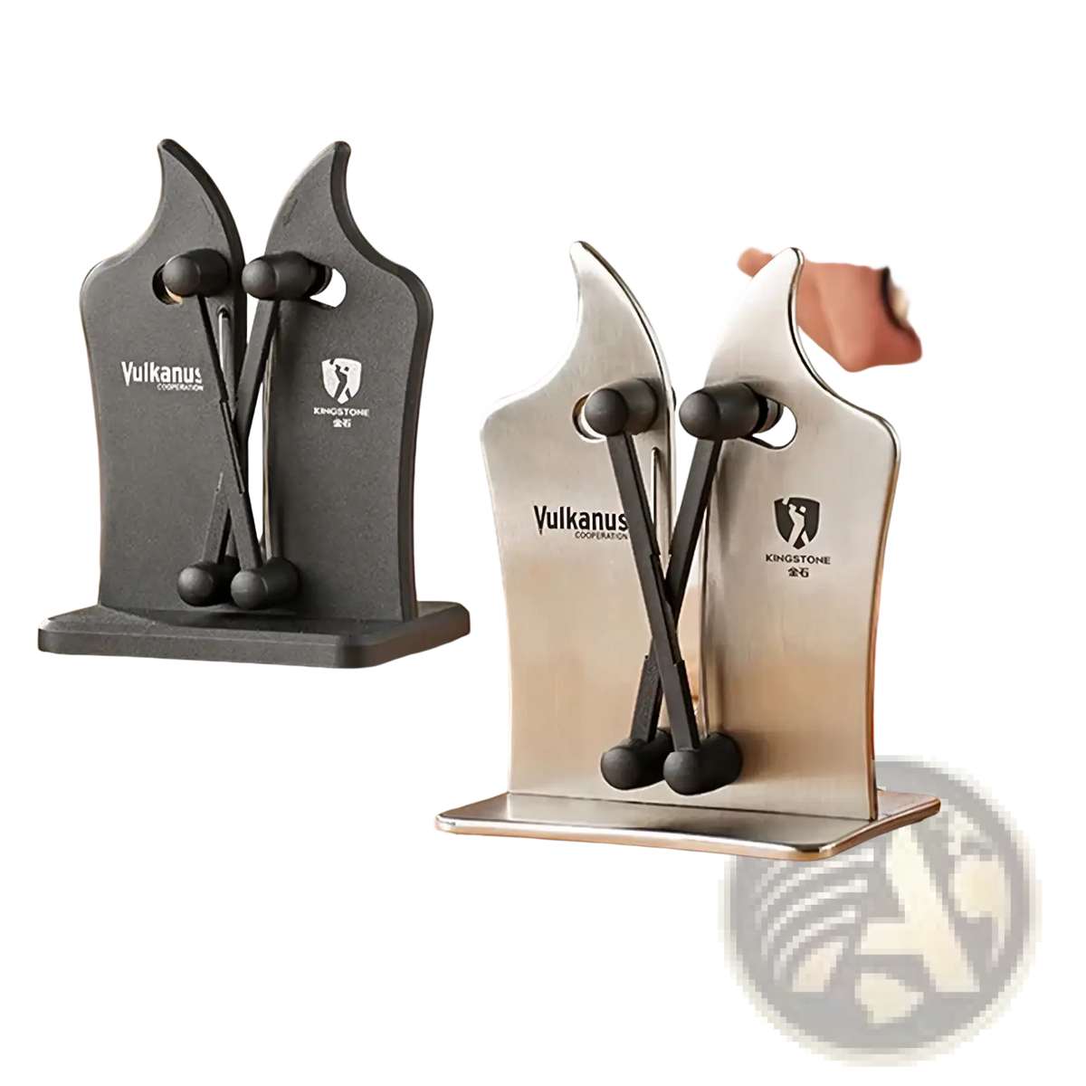 Adjustable dual slot knife sharpener with stainless steel body and black rubberized handles in a sleek modern design